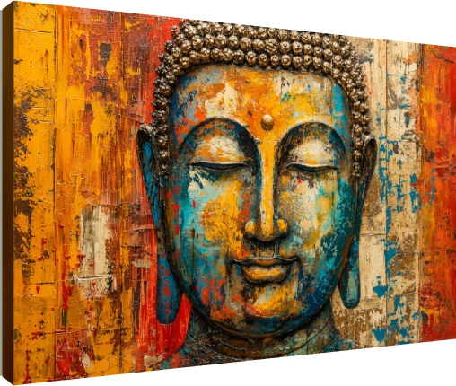 Abstract textured canvas print of Lord Buddha's face in vibrant teal, gold, and orange hues with closed eyes. | PrintPosters.in