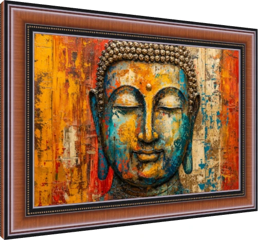 Abstract textured canvas print of Lord Buddha's face in vibrant teal, gold, and orange hues with closed eyes. — photo frame preview | PrintPosters.in