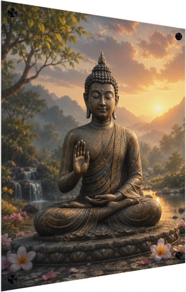 A bronze Lord Buddha statue meditating in Abhaya Mudra posture during a golden sunrise with a waterfall background. — acrylic preview | PrintPosters.in