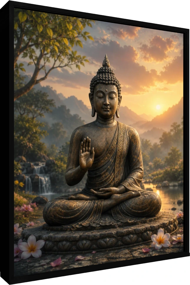 A bronze Lord Buddha statue meditating in Abhaya Mudra posture during a golden sunrise with a waterfall background. — floater frame preview | PrintPosters.in