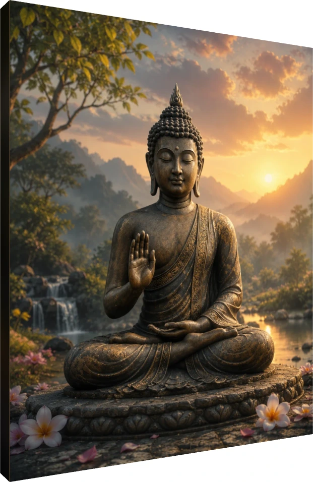 A bronze Lord Buddha statue meditating in Abhaya Mudra posture during a golden sunrise with a waterfall background. | PrintPosters.in