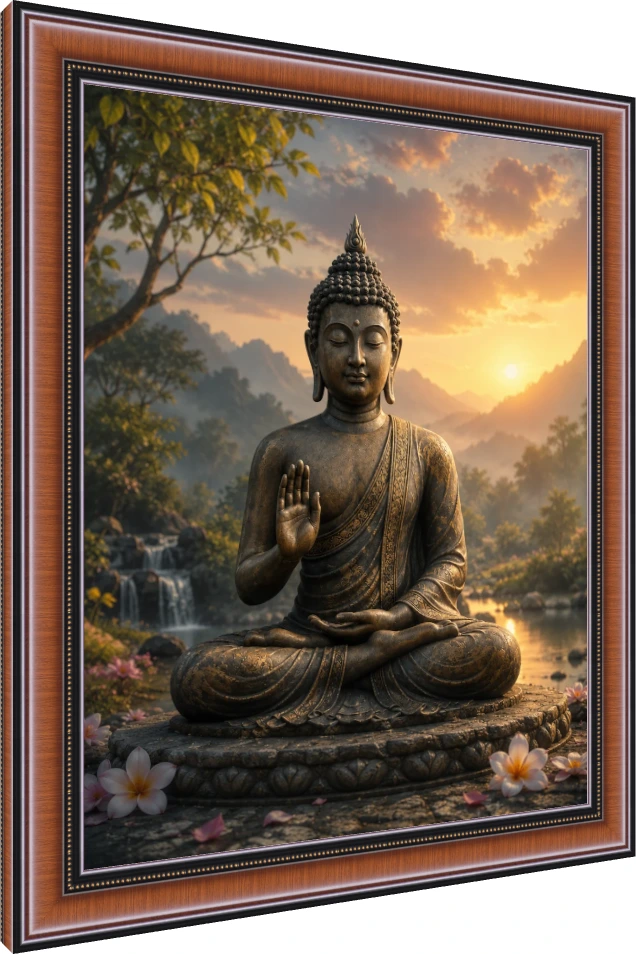 A bronze Lord Buddha statue meditating in Abhaya Mudra posture during a golden sunrise with a waterfall background. — photo frame preview | PrintPosters.in
