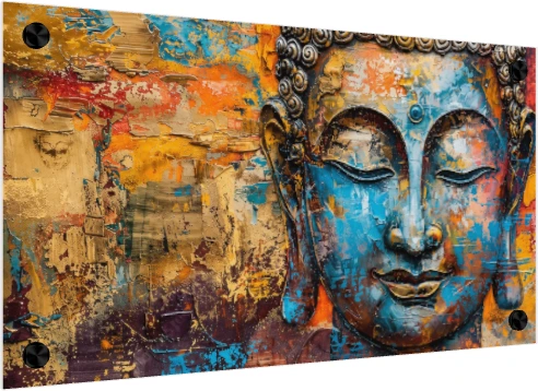 Textured modern abstract painting of Lord Buddha's face in serene blue and gold tones with a vibrant palette knife background. — acrylic preview | PrintPosters.in