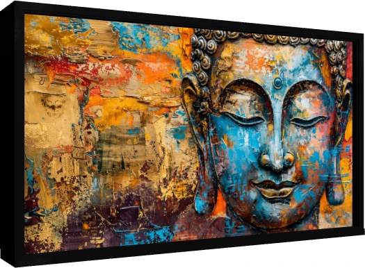 Textured modern abstract painting of Lord Buddha's face in serene blue and gold tones with a vibrant palette knife background. — floater frame preview | PrintPosters.in