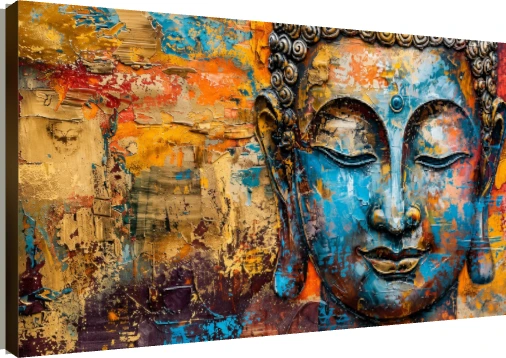 Textured modern abstract painting of Lord Buddha's face in serene blue and gold tones with a vibrant palette knife background. | PrintPosters.in