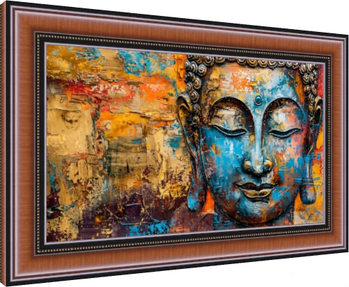 Textured modern abstract painting of Lord Buddha's face in serene blue and gold tones with a vibrant palette knife background. — photo frame preview | PrintPosters.in