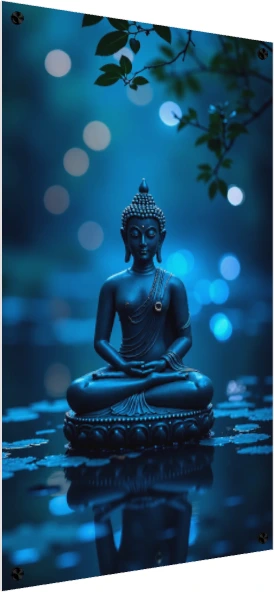 A serene blue-toned digital art print of Lord Buddha meditating in dhyana mudra over water with reflections. — acrylic preview | PrintPosters.in