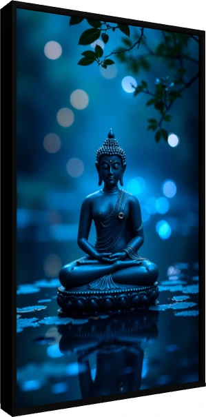A serene blue-toned digital art print of Lord Buddha meditating in dhyana mudra over water with reflections. — floater frame preview | PrintPosters.in