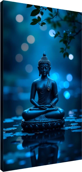 A serene blue-toned digital art print of Lord Buddha meditating in dhyana mudra over water with reflections. | PrintPosters.in