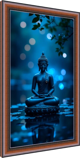 A serene blue-toned digital art print of Lord Buddha meditating in dhyana mudra over water with reflections. — photo frame preview | PrintPosters.in