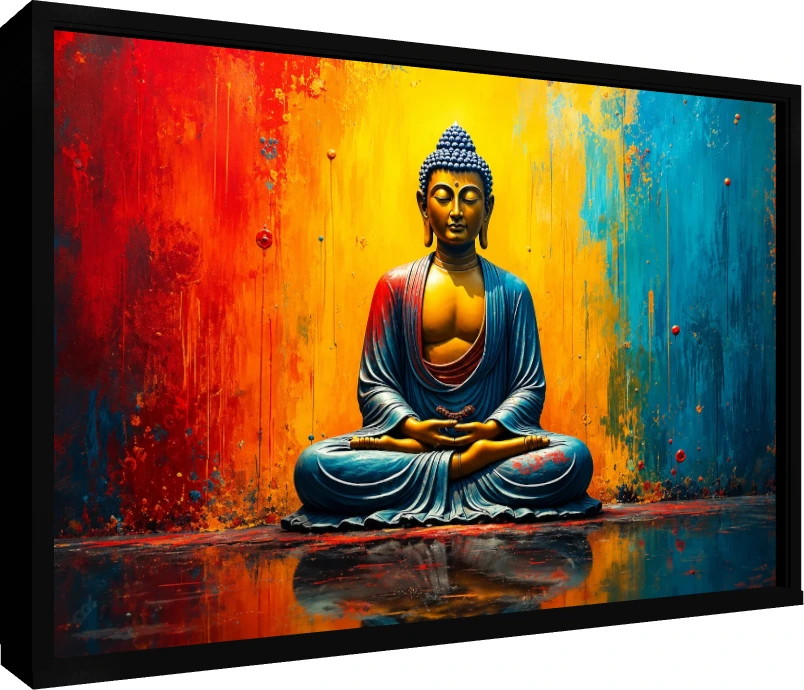 A colorful painting of Lord Buddha meditating in padmasana pose against a vibrant red, yellow, and blue textured background. — floater frame preview | PrintPosters.in
