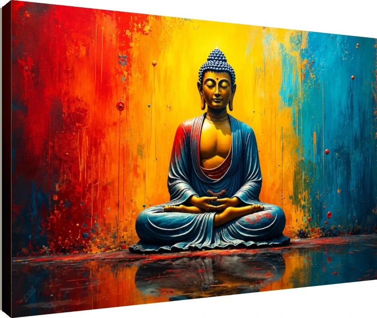 A colorful painting of Lord Buddha meditating in padmasana pose against a vibrant red, yellow, and blue textured background. | PrintPosters.in