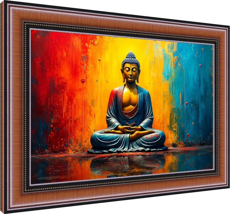 A colorful painting of Lord Buddha meditating in padmasana pose against a vibrant red, yellow, and blue textured background. — photo frame preview | PrintPosters.in