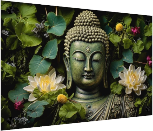 A green-patina bust of Lord Buddha with closed eyes, surrounded by lush green leaves and white lotus flowers. — acrylic preview | PrintPosters.in