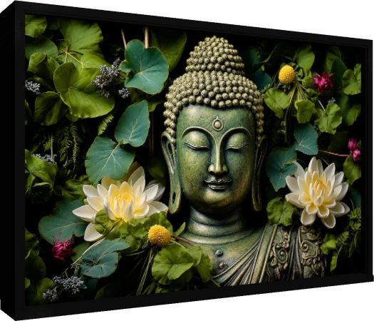 A green-patina bust of Lord Buddha with closed eyes, surrounded by lush green leaves and white lotus flowers. — floater frame preview | PrintPosters.in
