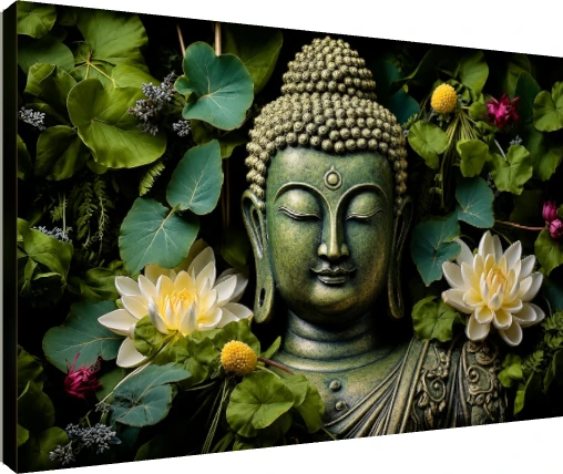 A green-patina bust of Lord Buddha with closed eyes, surrounded by lush green leaves and white lotus flowers. | PrintPosters.in