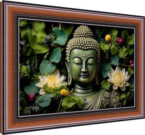 A green-patina bust of Lord Buddha with closed eyes, surrounded by lush green leaves and white lotus flowers. — photo frame preview | PrintPosters.in