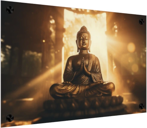 A golden statue of Lord Buddha meditating in a prayer pose, illuminated by brilliant rays of divine light from behind. — acrylic preview | PrintPosters.in