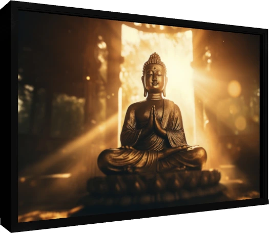 A golden statue of Lord Buddha meditating in a prayer pose, illuminated by brilliant rays of divine light from behind. — floater frame preview | PrintPosters.in