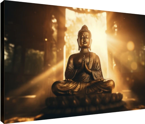 A golden statue of Lord Buddha meditating in a prayer pose, illuminated by brilliant rays of divine light from behind. | PrintPosters.in