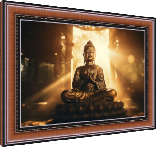 A golden statue of Lord Buddha meditating in a prayer pose, illuminated by brilliant rays of divine light from behind. — photo frame preview | PrintPosters.in