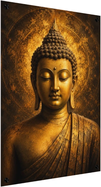 A serene golden portrait of Lord Buddha with closed eyes and an intricate circular halo background. — acrylic preview | PrintPosters.in