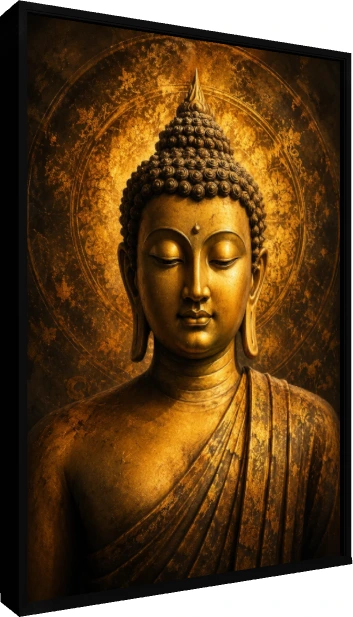 A serene golden portrait of Lord Buddha with closed eyes and an intricate circular halo background. — floater frame preview | PrintPosters.in