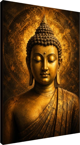 A serene golden portrait of Lord Buddha with closed eyes and an intricate circular halo background. | PrintPosters.in