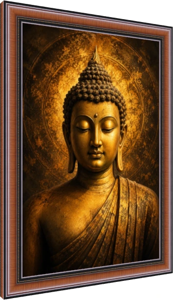 A serene golden portrait of Lord Buddha with closed eyes and an intricate circular halo background. — photo frame preview | PrintPosters.in