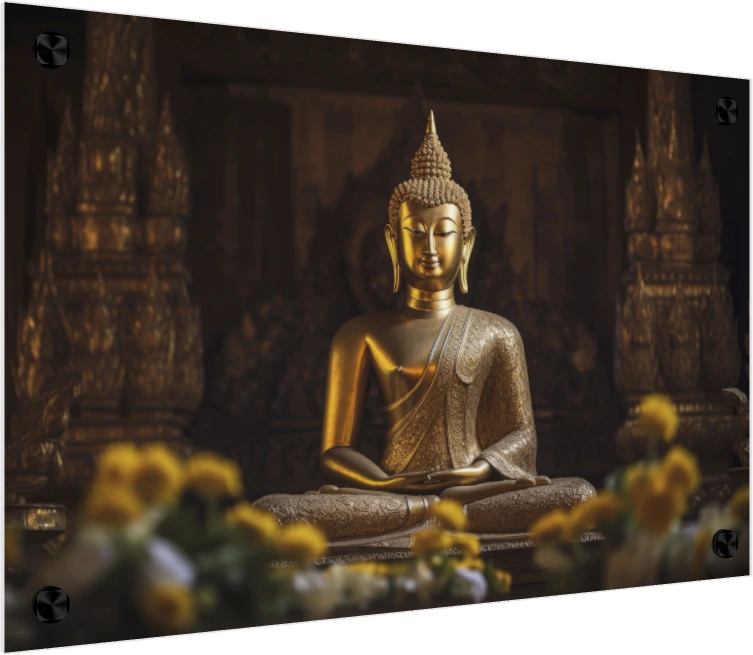 A golden statue of Lord Buddha in meditation pose, with blurred yellow marigold flowers in the foreground. — acrylic preview | PrintPosters.in
