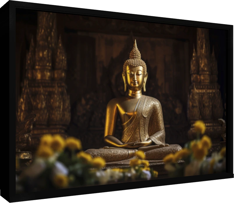 A golden statue of Lord Buddha in meditation pose, with blurred yellow marigold flowers in the foreground. — floater frame preview | PrintPosters.in