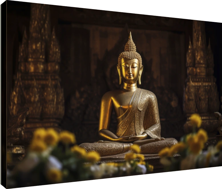 A golden statue of Lord Buddha in meditation pose, with blurred yellow marigold flowers in the foreground. | PrintPosters.in