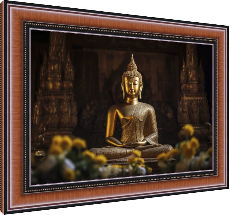 A golden statue of Lord Buddha in meditation pose, with blurred yellow marigold flowers in the foreground. — photo frame preview | PrintPosters.in