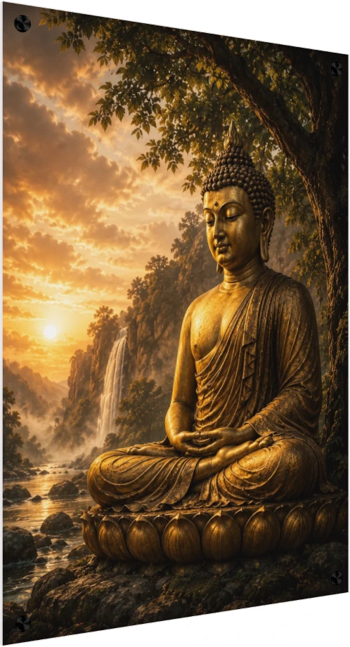 A majestic golden statue of Lord Buddha meditating on a lotus throne by a river with a waterfall at sunset. — acrylic preview | PrintPosters.in