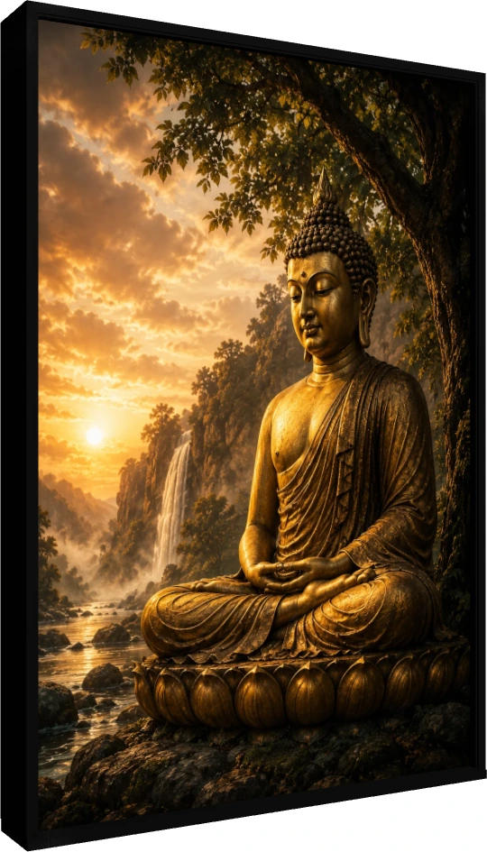 A majestic golden statue of Lord Buddha meditating on a lotus throne by a river with a waterfall at sunset. — floater frame preview | PrintPosters.in