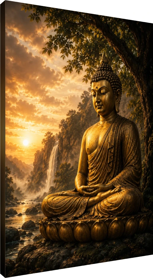 A majestic golden statue of Lord Buddha meditating on a lotus throne by a river with a waterfall at sunset. | PrintPosters.in