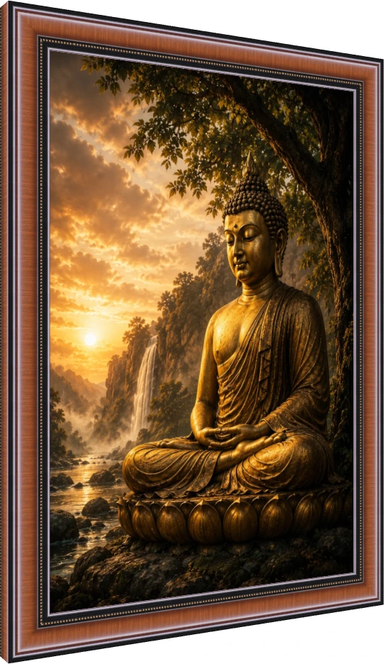 A majestic golden statue of Lord Buddha meditating on a lotus throne by a river with a waterfall at sunset. — photo frame preview | PrintPosters.in