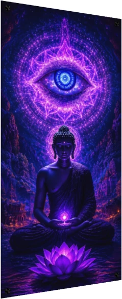 Digital art of Lord Buddha meditating in purple cosmic light with a giant third eye mandala above him. — acrylic preview | PrintPosters.in