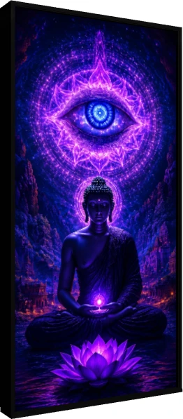 Digital art of Lord Buddha meditating in purple cosmic light with a giant third eye mandala above him. — floater frame preview | PrintPosters.in