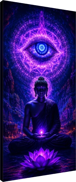 Digital art of Lord Buddha meditating in purple cosmic light with a giant third eye mandala above him. | PrintPosters.in