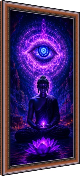 Digital art of Lord Buddha meditating in purple cosmic light with a giant third eye mandala above him. — photo frame preview | PrintPosters.in