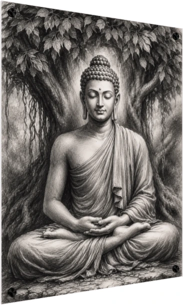 Monochrome pencil sketch of Lord Buddha meditating in lotus position under a detailed Bodhi tree. — acrylic preview | PrintPosters.in