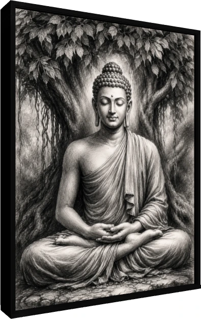Monochrome pencil sketch of Lord Buddha meditating in lotus position under a detailed Bodhi tree. — floater frame preview | PrintPosters.in