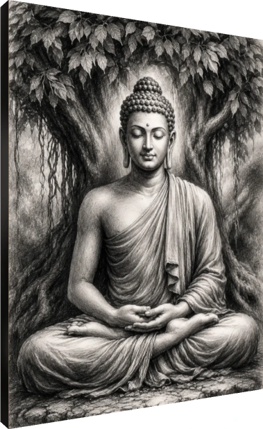 Monochrome pencil sketch of Lord Buddha meditating in lotus position under a detailed Bodhi tree. | PrintPosters.in