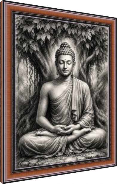 Monochrome pencil sketch of Lord Buddha meditating in lotus position under a detailed Bodhi tree. — photo frame preview | PrintPosters.in