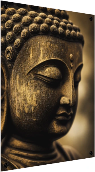 Close-up of a golden bronze Lord Buddha face sculpture with eyes closed in deep meditation. — acrylic preview | PrintPosters.in