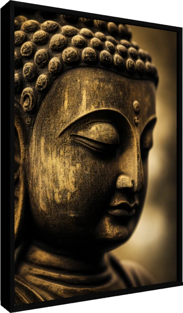 Close-up of a golden bronze Lord Buddha face sculpture with eyes closed in deep meditation. — floater frame preview | PrintPosters.in