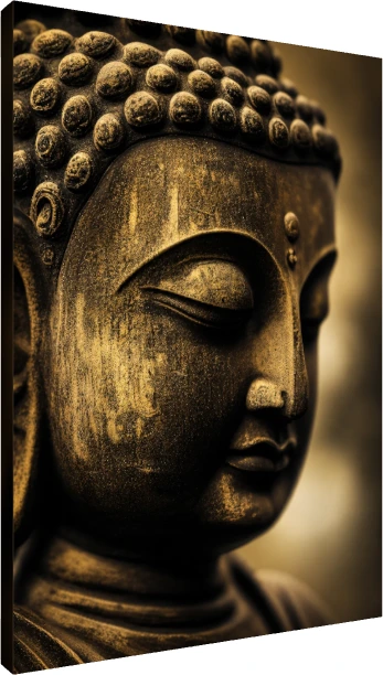 Close-up of a golden bronze Lord Buddha face sculpture with eyes closed in deep meditation. | PrintPosters.in