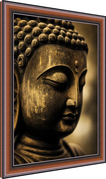 Close-up of a golden bronze Lord Buddha face sculpture with eyes closed in deep meditation. — photo frame preview | PrintPosters.in