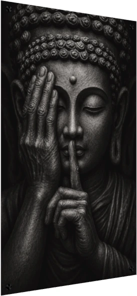 A close-up black and white image of a stone-textured Lord Buddha statue with one hand covering his eye and a finger on his lips. — acrylic preview | PrintPosters.in